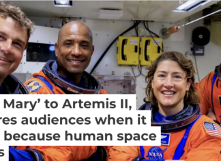 The Artemis II crew poses during a ground systems test ahead of launch. NASA/Frank Michaux
